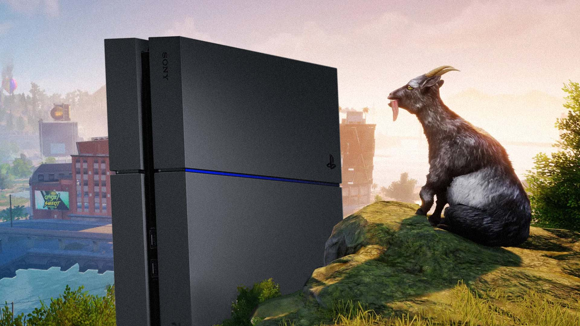 The image shows a goat looking at a giant PS4. 